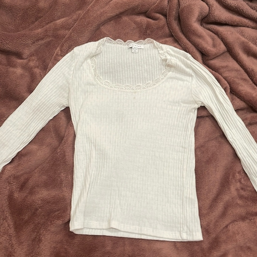 Top shop Lace trim pointelle top in white